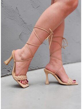 Braided Beige Lace-Up Heels With Square Toe & Stiletto Heel Design